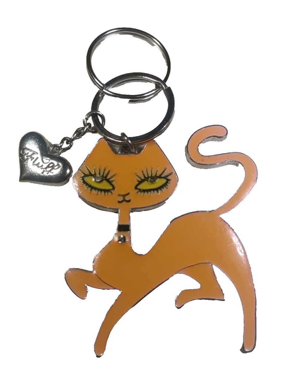 Fluff Kitty Cat Keychain Orange Silver Tone Heart Charm